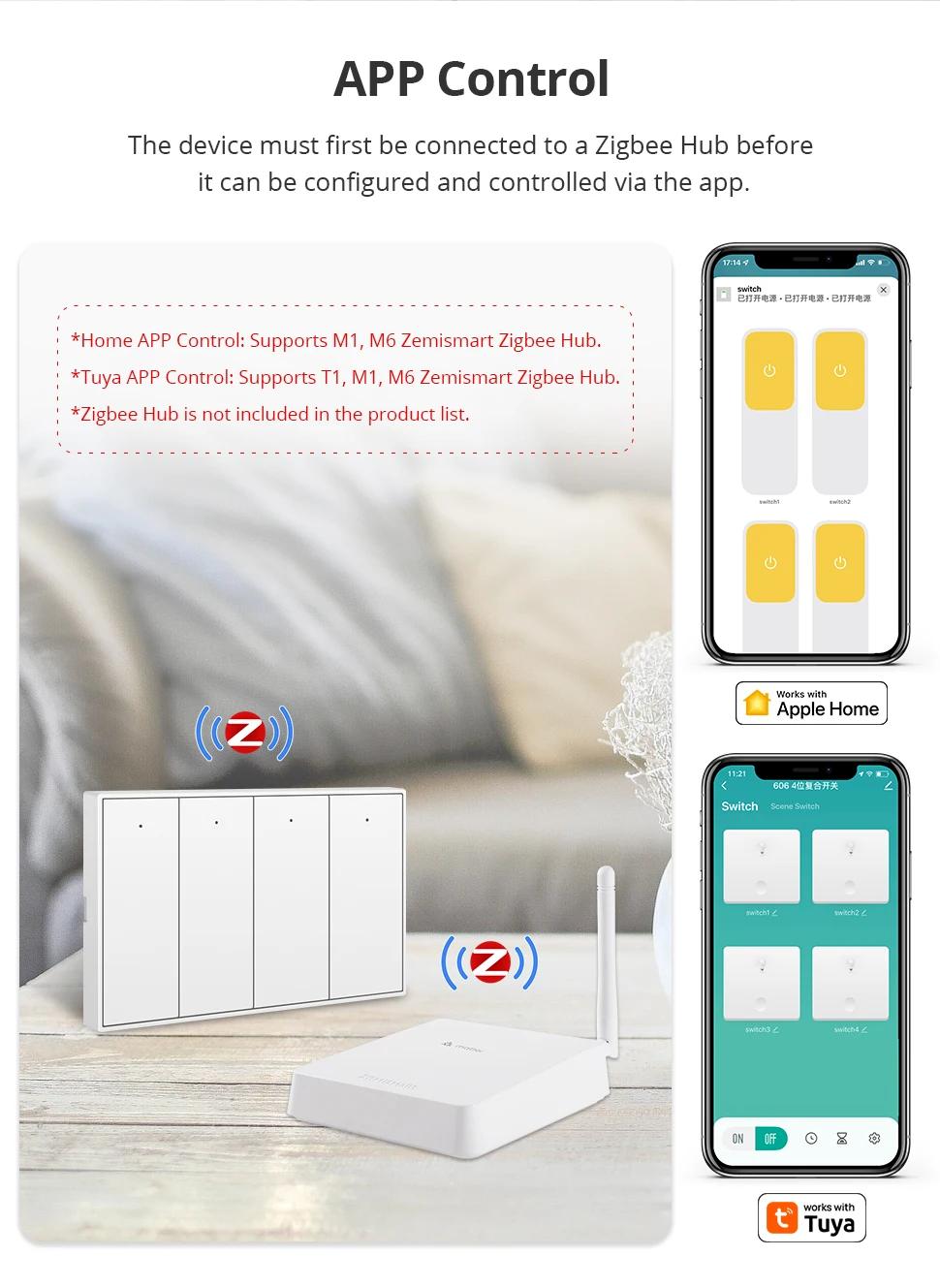 Zigbee Wall Light Switch with Neutral No Neutral 1 2 3 4 6 Gangs Interruptor Wor
