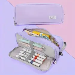 Spacious Triple - Section Student Stationery Organizer and Desk Pouch (PURPLE)