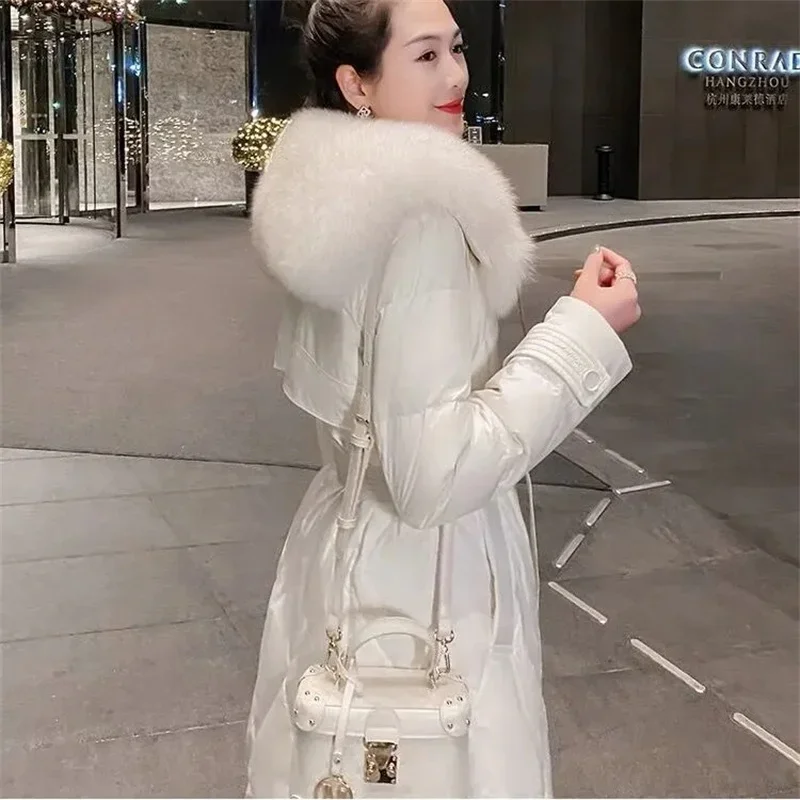 Cotton-padded Jacket Women With Big Fur Collar and Down Winter 2024 New High-quality Waist Long Knee-length Cotton-padded Coat