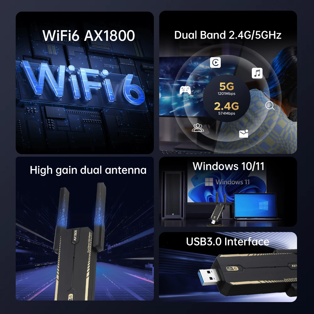 FENVI WiFi 6 USB 어댑터 AX1800 듀얼 밴드 2.4G/5Ghz USB 수신기 동글 네트워크 카드 무선 Wi-Fi 카드 노트북 PC용 Win10/11