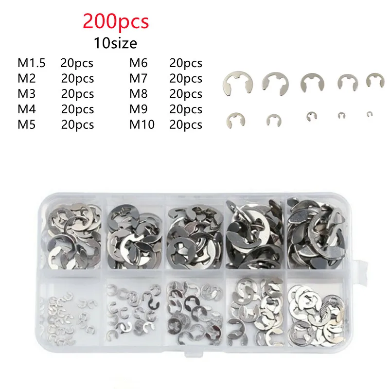 

200/360pcs/set Assortment Kit 10 sizes 1.5-10mm 304 Stainless Steel Shaft External Retaining Ring E Clip Snap Circlip Washer