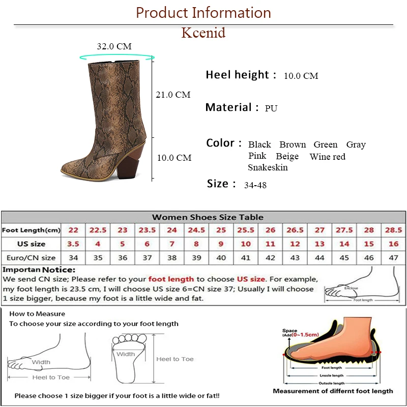 Kcenid Ladies Pointed Toe Solid Mid-Calf Boots Fashion Chunky High Heels women's Cowboy Boots Party Vintage Woman Shoes