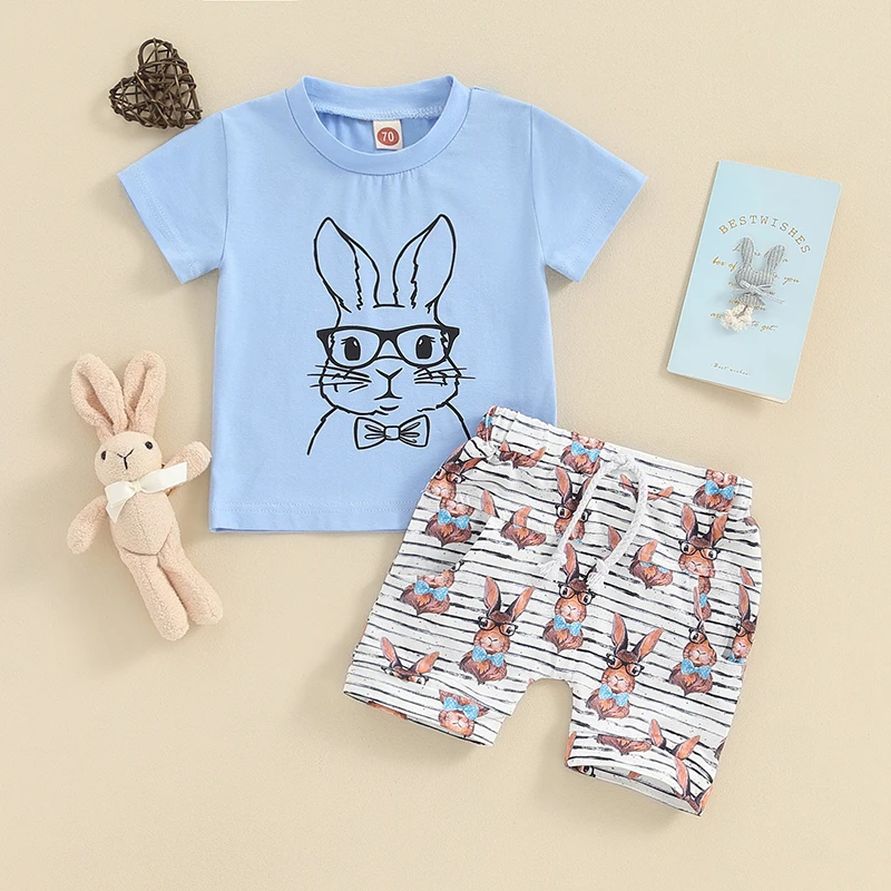 

2023-12-26 Lioraitiin Toddler Baby Boy Easter Outfit Bunny Short Sleeve T-Shirt Top and Elastic Shorts Set Boys Summer Clothes