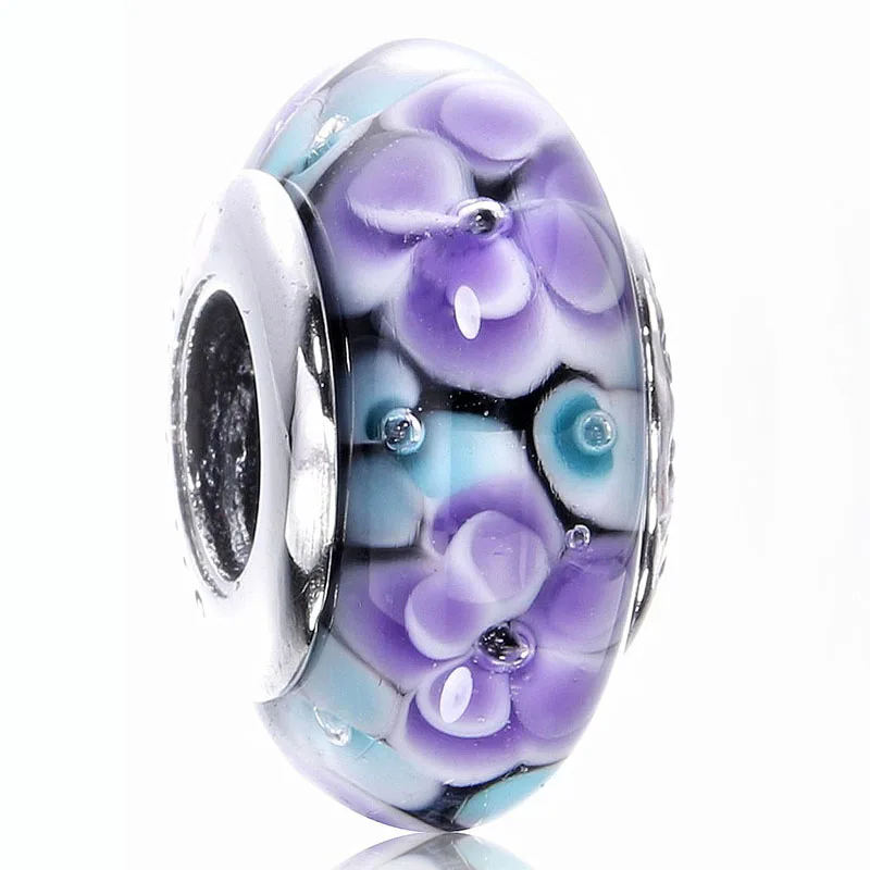 Glass Bead and Flower Charm Bracelet - Purple Bead / White Flower