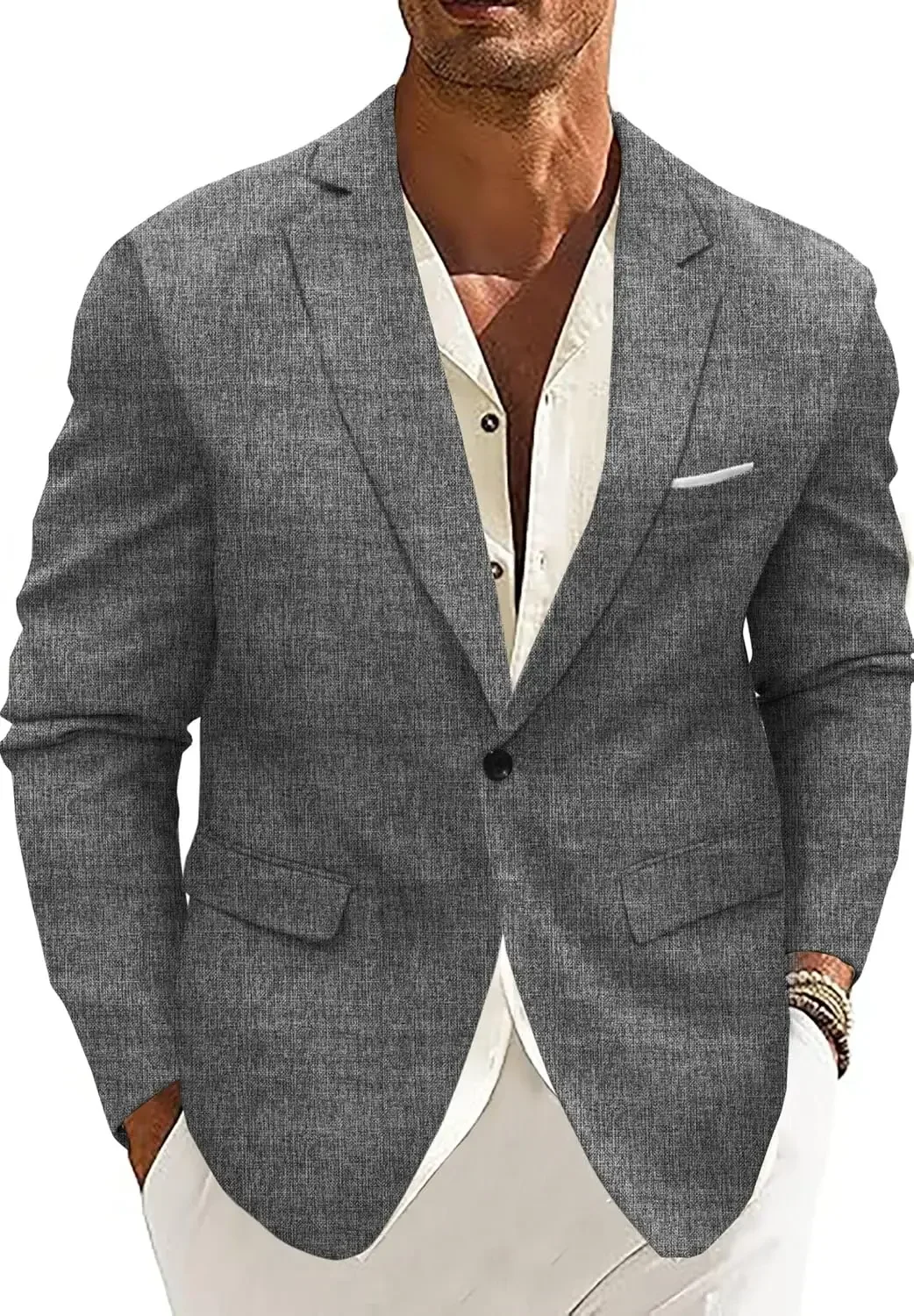 thumbnail image 1 of Trajes casuales para hombre, chaqueta deportiva de lino, chaqueta individual, solapa con muescas, traje masculino para verano, playa, vestidos de boda, fiesta, disfraces de lino, 1 of 5