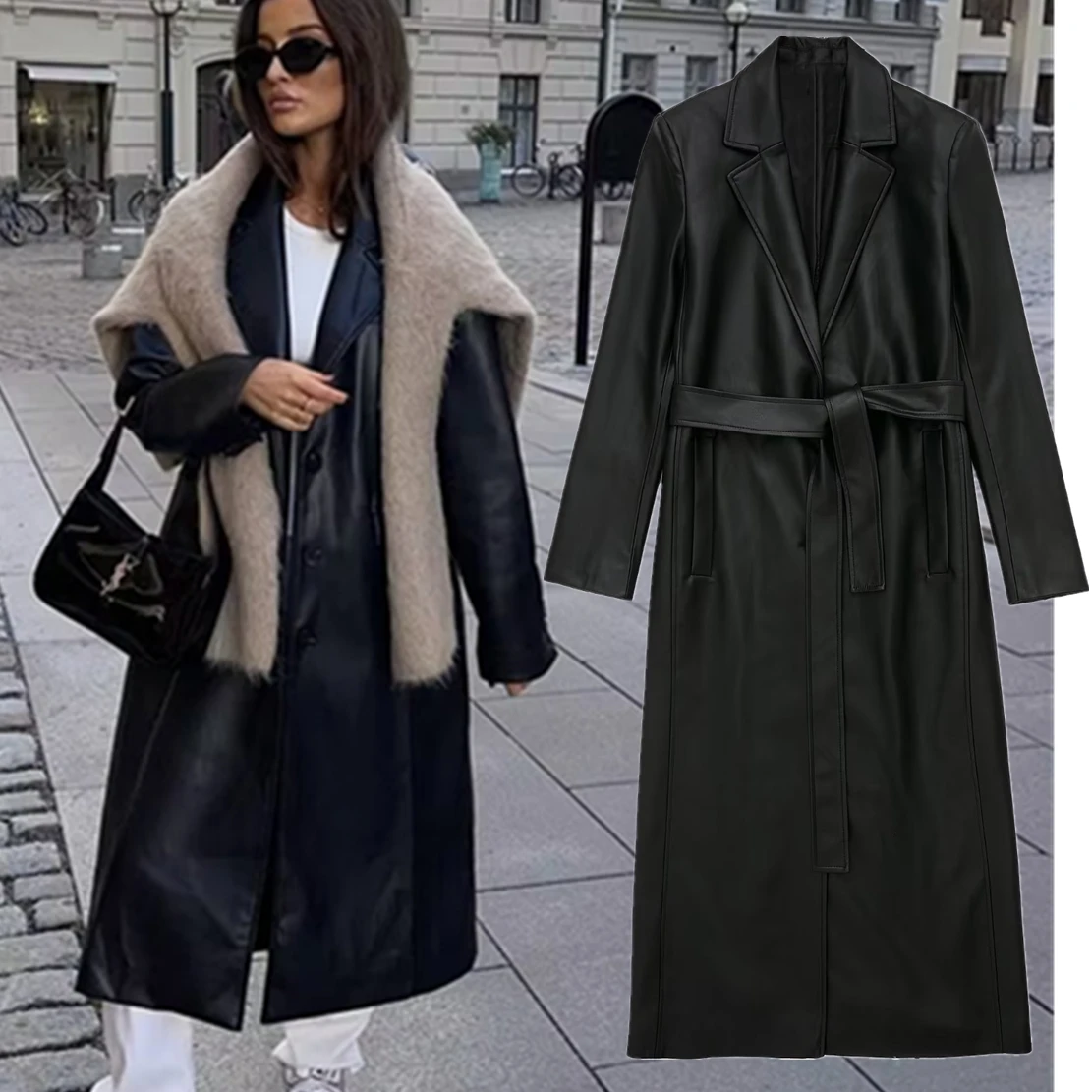 

Dave&Di Loose Leather Trench Long Jacket England Vintage Sashes Coat Women