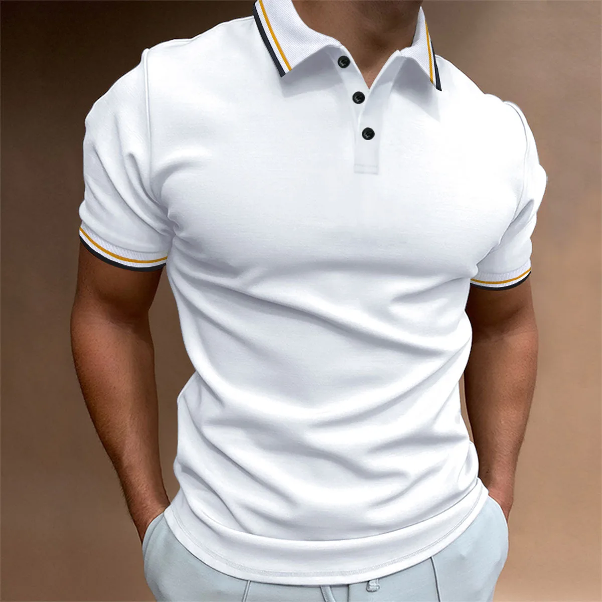 

Men's casual POLO shirt ribbed lapel button business solid color all-match T-shirt top