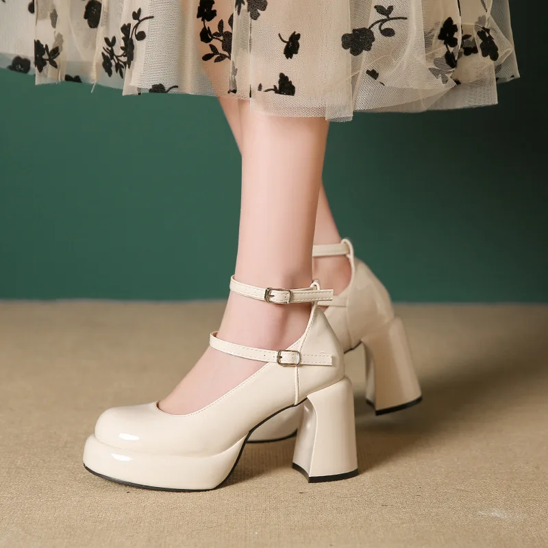 Designer Platform Women Mary Jane Shoes Fashion Elegant Double Buckle Thick Heel Shoes Ladies Dress Pumps High Heel Party Shoes