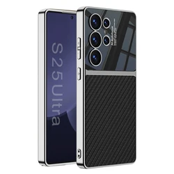 Luxury PU Leather Electroplated Frame Phone Cover Case for Galaxy S25 Ultra (Carbon fiber pattern)