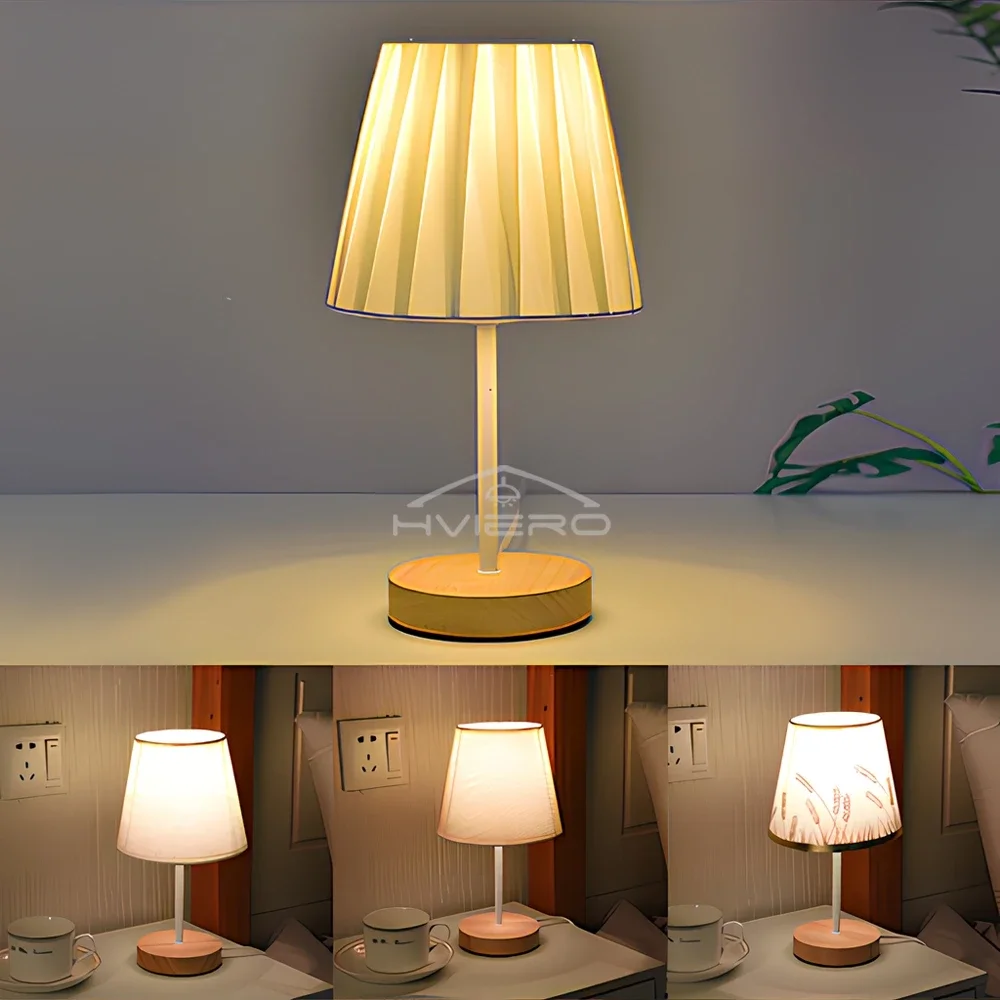Wooden USB Table Lamp - Modern Bedside Nightstand Light with Cylinder Shade