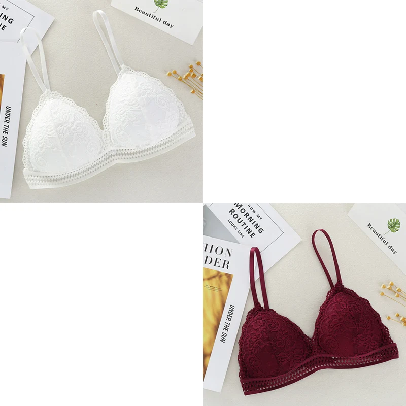 Women Bralette French Lace Bra No Steel Ring Beauty Back Wrapped Chest Soft Deep V Brassiere Girls Triangle Cup Padded Underwear