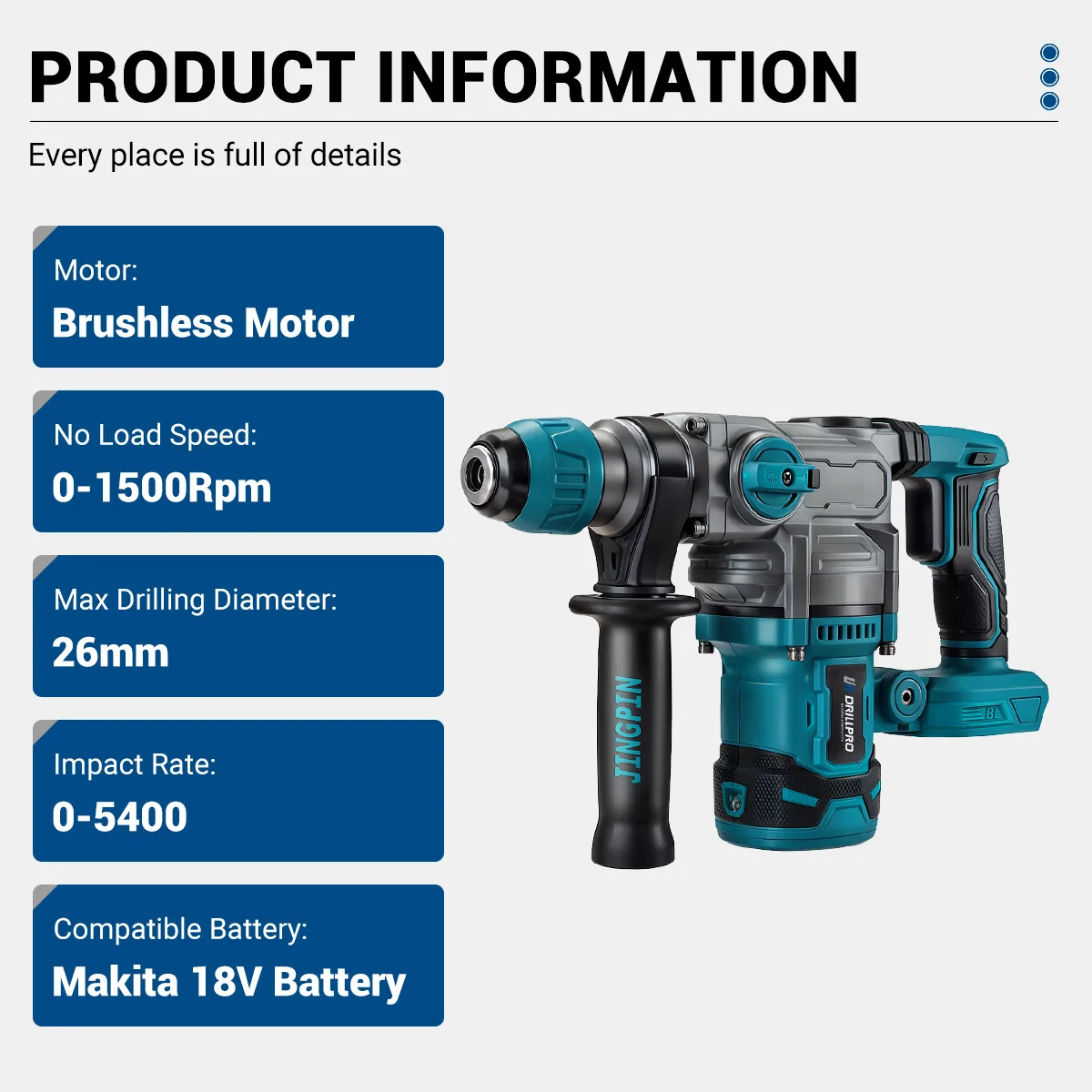 Drillpro Brushless Electric Hammer Drill 26mm Cordless Rotary Hammer Handheld Impact Drill Power Tool For Makita 18V Battery 2