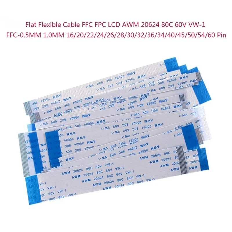 2Pcs Flat Flexible Cable FFC FPC LCD AWM 20624 80C 60V VW-1 FFC-0.5MM 1.0MM 16/20/22/24/26/28/30/32/36/34/40/45/50/54/60 Pin