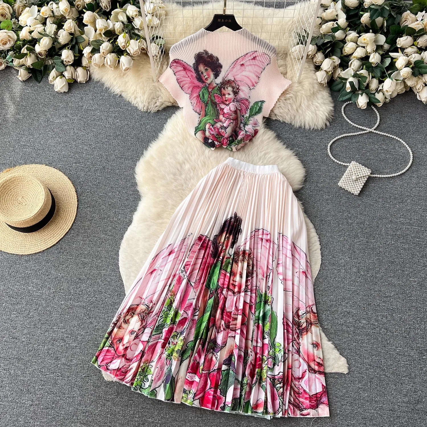 

Женский плиссированный комплект из двух предметов, летний топ с коротким рукавом и высокой талией в Корейском стиле