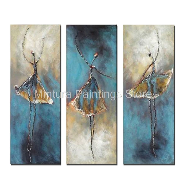 Mintura,Hand-Painted Oil Painting on Canvas,3 Panels Vintage Abstract Ballet Dancer Wall Art,Picture for Living Room Decoration 1