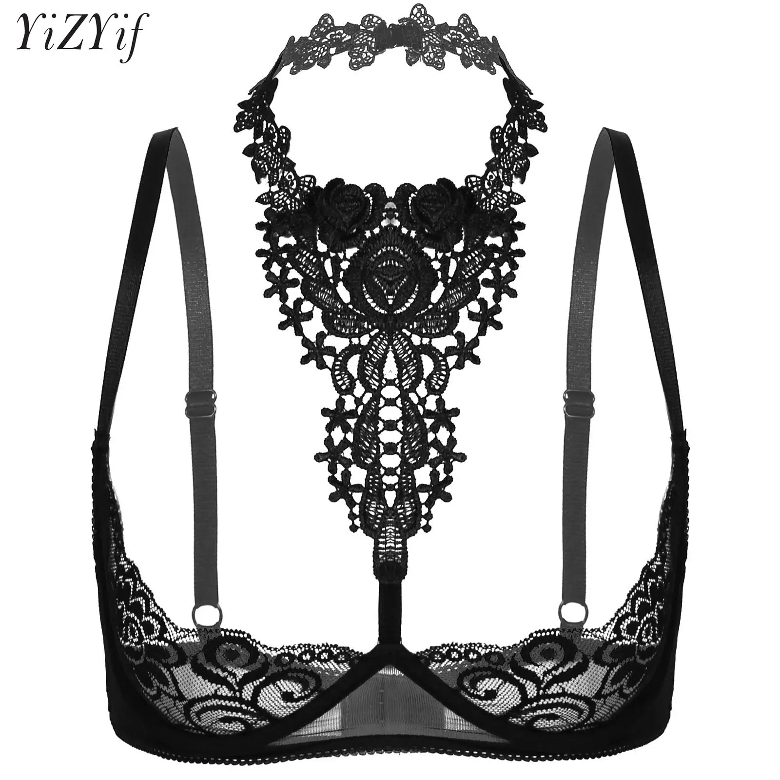 

Women Floral Lace Halterneck Bra Tops See Through Underwired Unlined Push up Bandeau Non Padded Ultra Thin Bralette Balconette