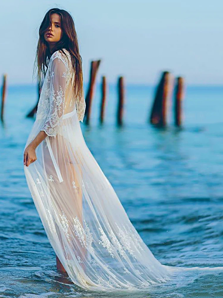 Fitshinling Bohemian Lace Beach Cover Up Swimwear Sheer Sexy Hot Summer Long Cardigan Bikini Outing Holiday White Kimono 2022 | Женская