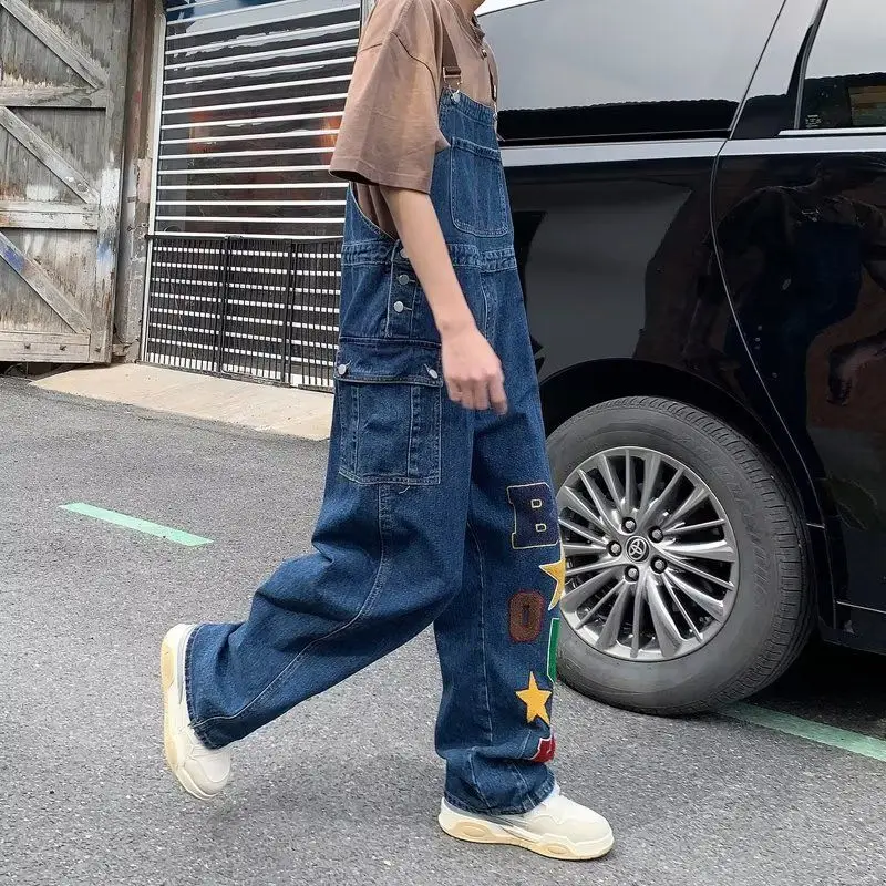 American high street retro embroidered star letters denim overalls for men summer loose and versatile casual jumpsuit trend y2k