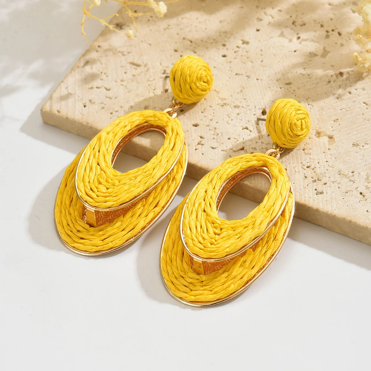 Boho Trendy Handmade Double Layered Oval Shaped Raffia Drop Earrings for Women Elegant Rattan Knit Earrings Summer Jewelry Gifts