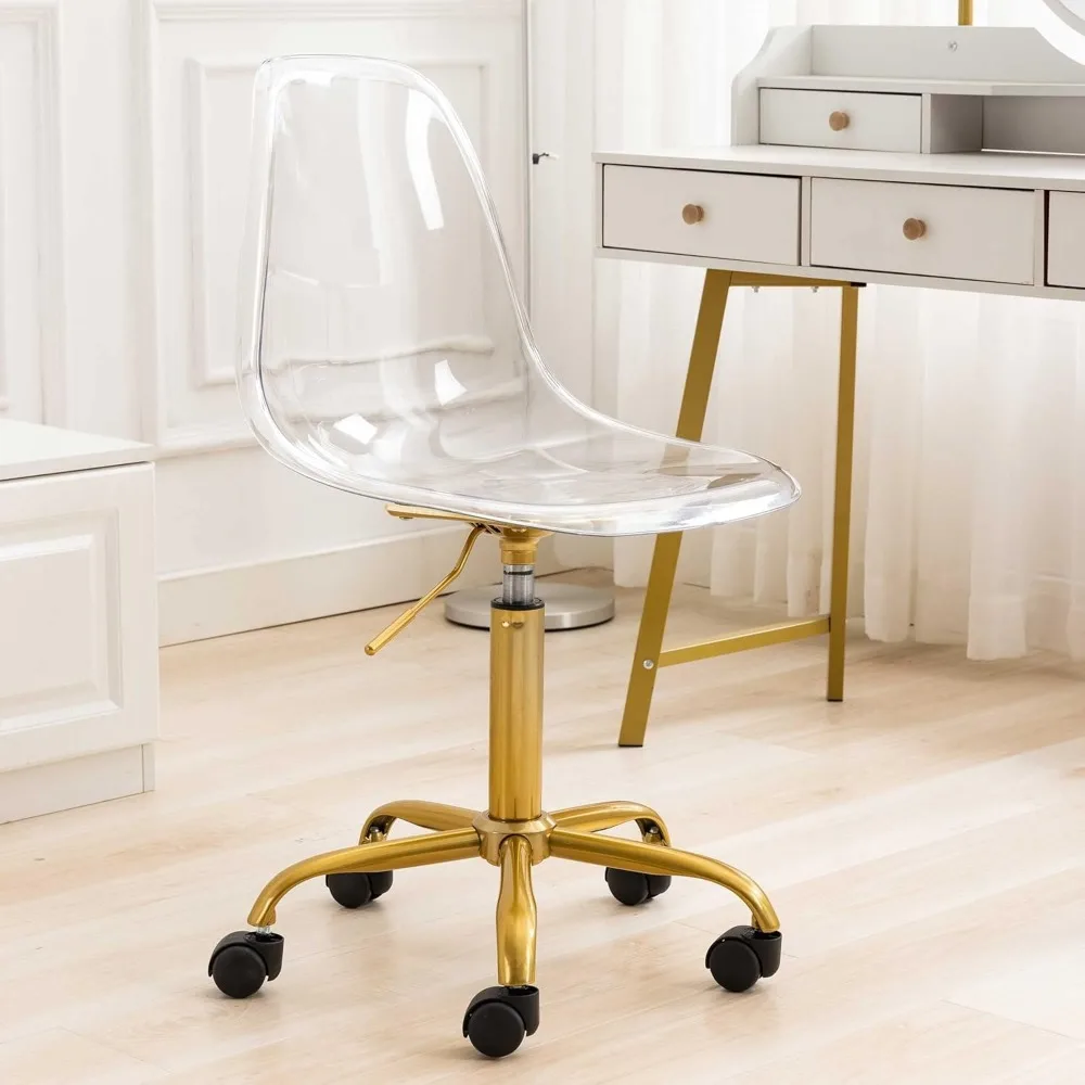 Clear Desk Chair, Acrylic Rolling Armless Vanity Swivel Height Adjustable Ghost Molded Plastic Home Office Chairs with 6