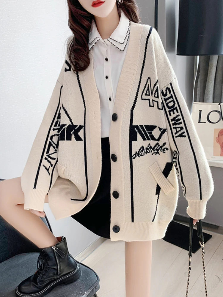 

Cardigans Women Fall Winter Korean Fashion Sweater Loose Letters Pockets V-neck Oversize Long Sleeve Top Knitted Lady Clothing