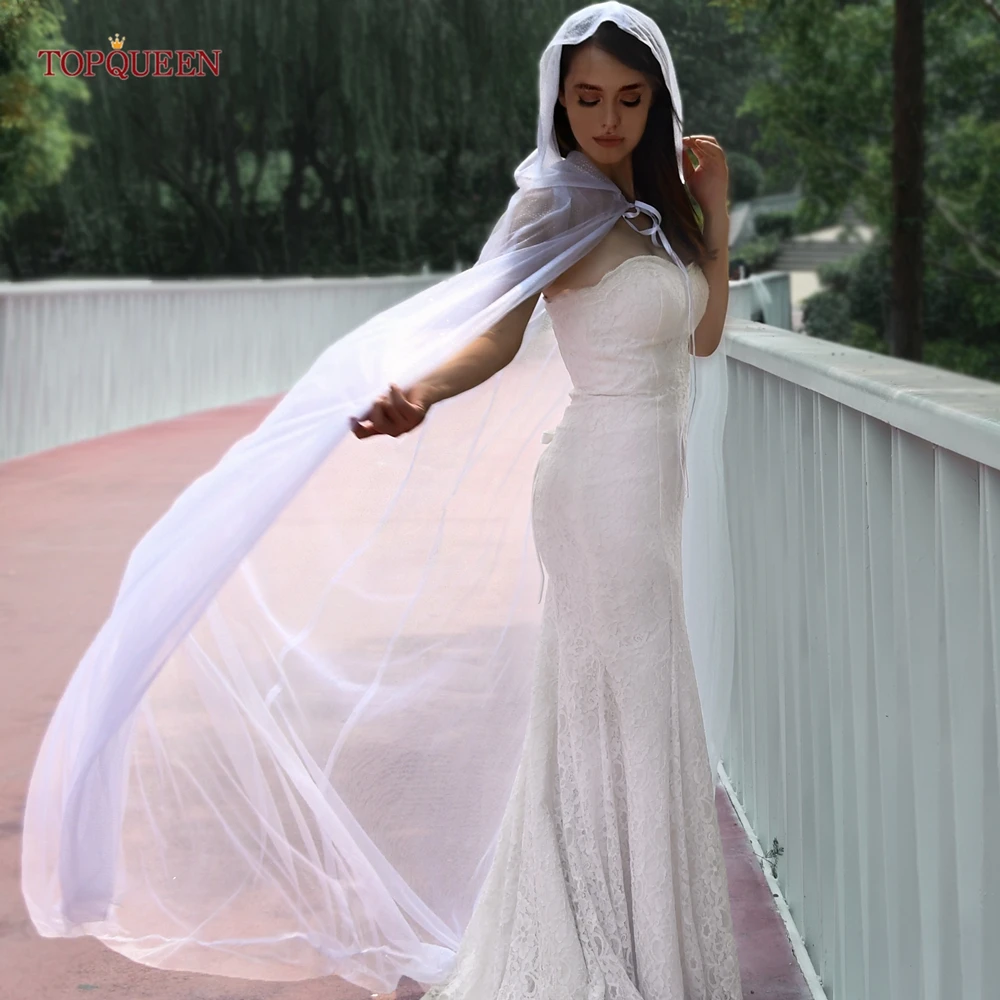 

TOPQUEEN Women Cloak Wedding Cape Veil Plus Size Sparking Tulle Shawl Long Bolero Shoulder Cover for Wedding Dress VG88