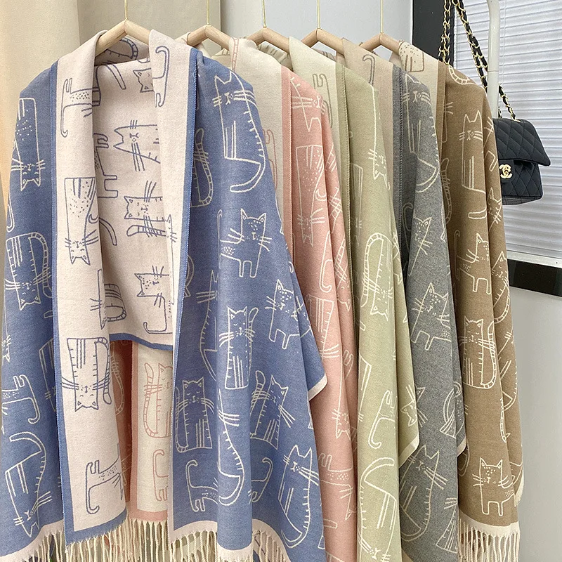 

MoriBty Women Winter Scarf Luxury Warm Imitation Cashmere Cat Print Shawl Wraps 2-Faced Tassle Neckerchief Capes Ponchos Bufanda