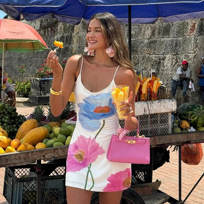 Sexy Mini Dress Women Summer New White Fashion O-Neck Streetwear Print Sleeveless Dress Strap Backless Casual Slim Elegant Dress 2