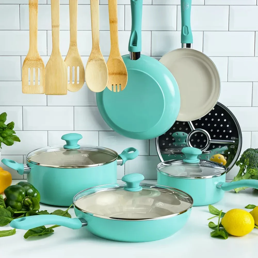 GreenLife Soft Grip Diamond Healthy Ceramic Nonstick, Cookware Pots and Pans  Set, 14 Piece, Turquoise, Dishwasher Safe - AliExpress