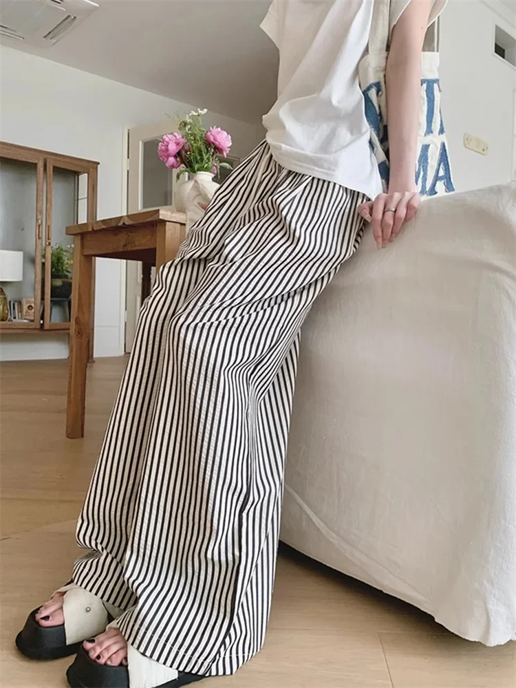 Deeptown Korean Fashion Striped Pants Women Y2K Vintage 90s Wide Leg Trousers Oversized Retro Elastic Waist Casual Sweatpants