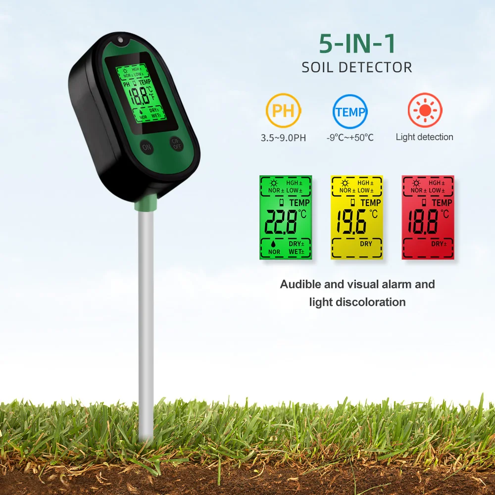 

Soil Meter 5 In 1 Household PH Tester Soil Hygrometer,Thermometer,Moisture,Acidity PH,Illuminance Analyzer Sensor Test Soil