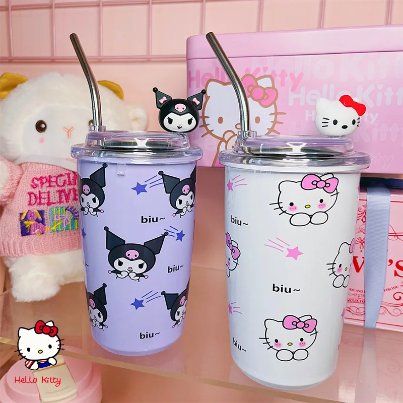 

450 мл Sanrio, Hello Kitty мультяшный двухслойный изолированный стакан для воды Kawaii Melody Kuromi из нержавеющей стали соломинка с крышкой соковыжималка