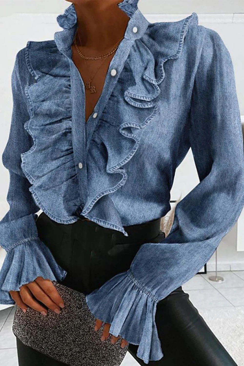 Plus Size Business Casual Blouse Blue Ruffles Sexy V-Neck Denim Blouse Spring Autumn Elegant Office Lady Tops Blusas para mujer