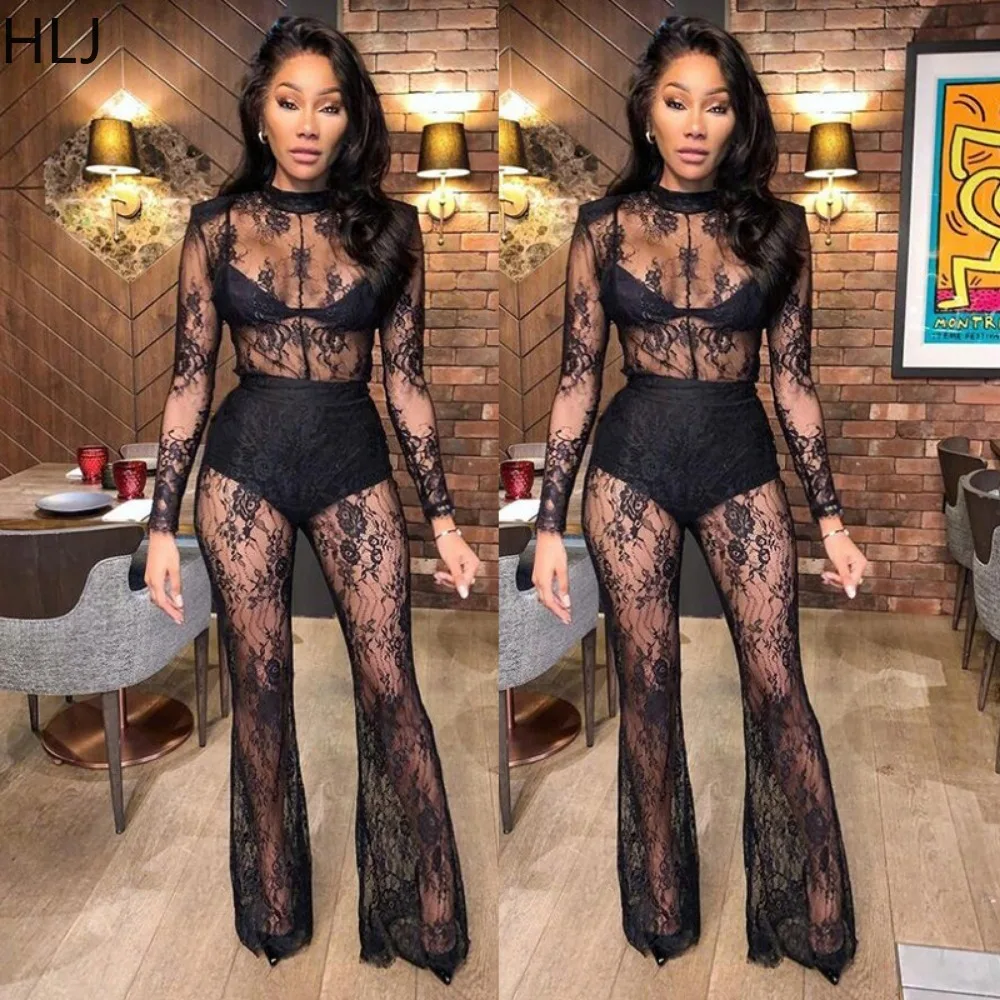 HLJ Black Sexy Lace Perspective Nightclub Jumpsuits Women O Neck Long Sleeve Slim Playsuits Fashion Lady Transparent Overalls