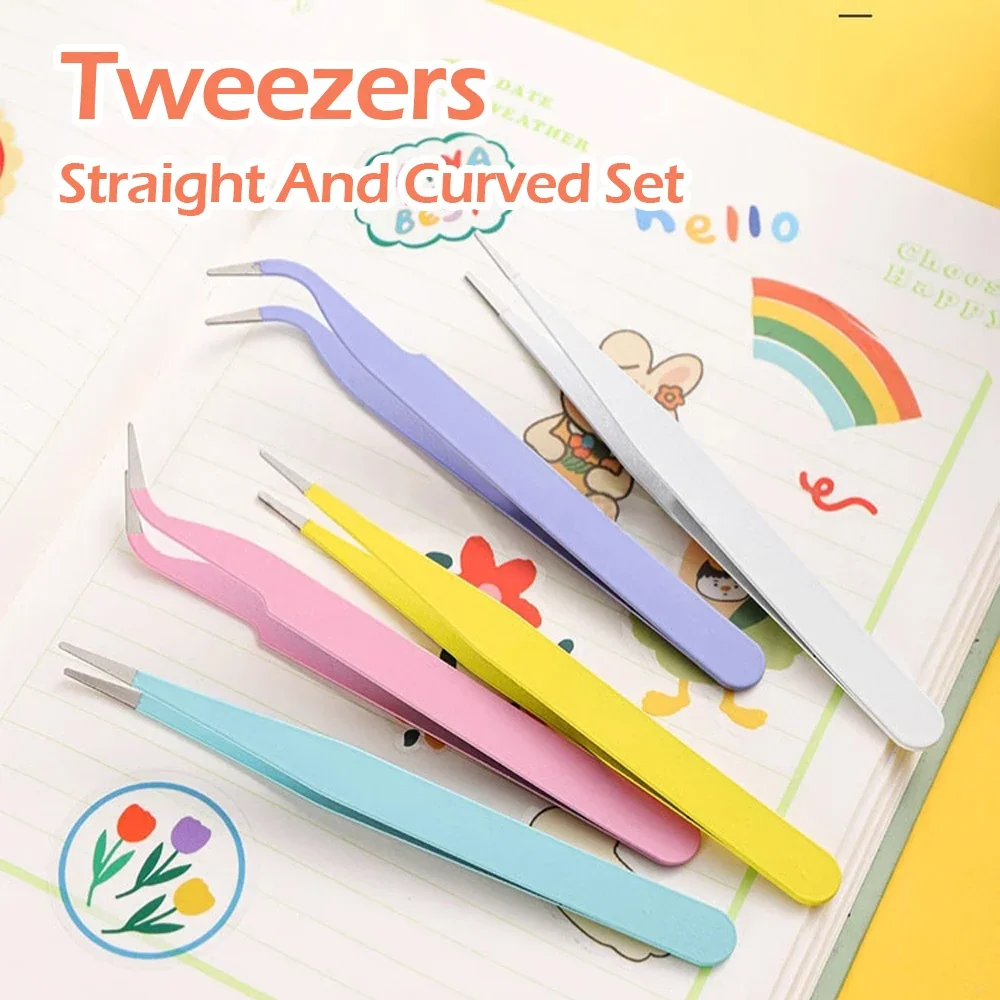 مجموعة ملاقط ملونة معكرون مكونة من قطعتين، أداة ملصق مستقيمة/منحنية يمكنك صنعها بنفسك للمجلة/سجل القصاصات - هدية قرطاسية العودة إلى المدرسة (وردي/Bl)