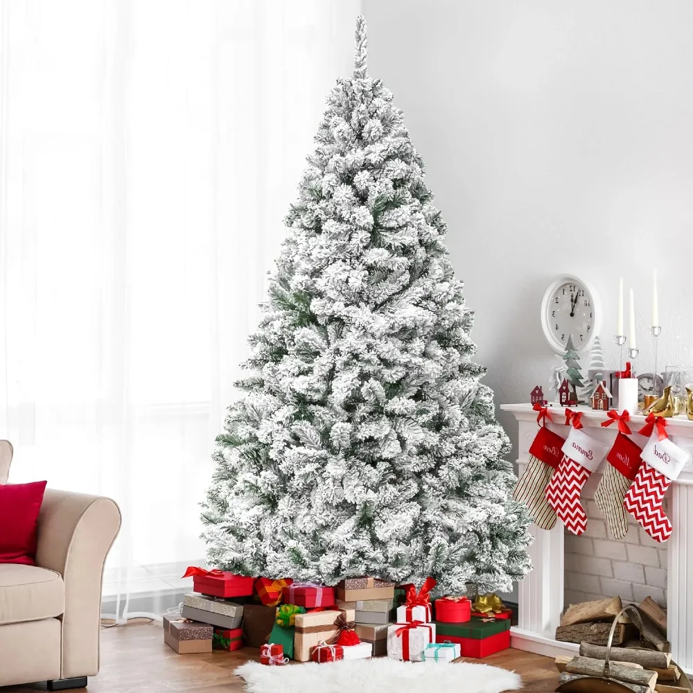 

Indoor Outdoor White Christmas Decorations 6ft Artificial Snow Decorated Flocked Hinged Christmas Tree With Metal Stand Supplies