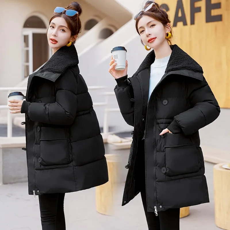 2023 Winter New Lamb Wool Splicing Cotton-padded Jacket Women Slim Large Size Cotton-padded Jacket Fashion High-grade Thickening