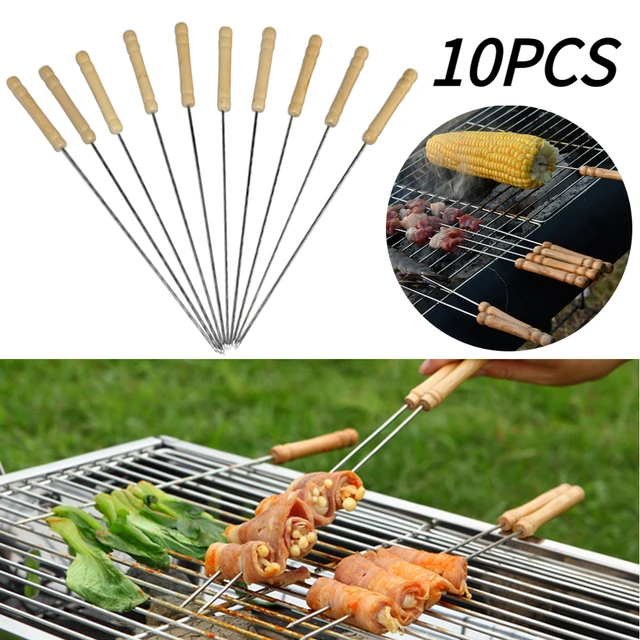 10Db/Beállított Fa Fogantyú Bbq Nyárs Élelmiszer -Hús Szerszám Grillezőbotok Kemping Zongora Hőálló Barbecue Tűk