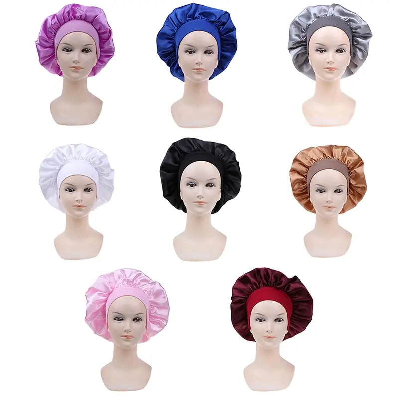 Satin Bonnet 58cm Long Hair Care Women Night Sleep Hat Silk Head Wrap Adjust Shower Caps Knitted Solid Color