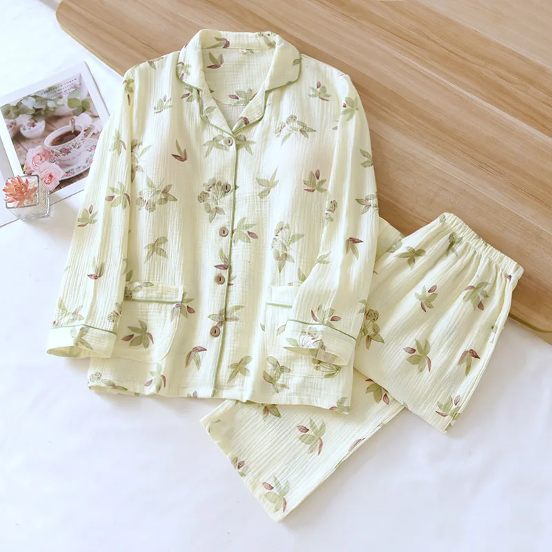 2024 New Spring and Autumn Women's Pajama Set 100% Cotton Crepe Cloth with Chest Pads Long Sleeve Two Piece Sweet Home Fury