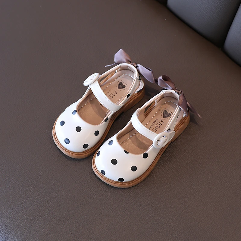 Toddler Girl's Mary Janes Elegant Back Bowtie Beige Khaki Four Season Children Leather Shoes 21-30 Polka Dot Light Kids Shoes leather shoes mary jane shoes girls shoes