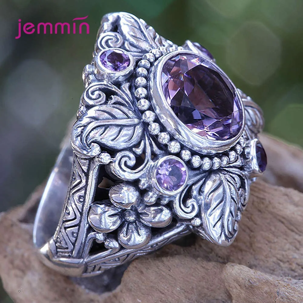 925 Sterling Silver Round Natural Amethyst Wedding Engagement Rings For Women Fine Jewelry Punk Style Vintage Flower