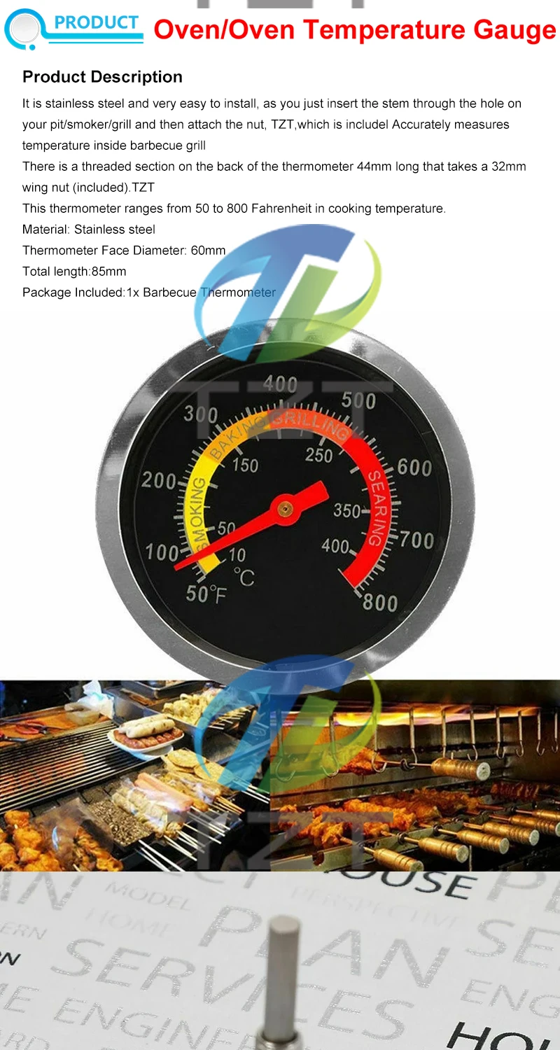 TZT 60 mm Edelstahl-Pizzaofen-Thermometer zum Backen von Speisen, Fleisch, 10–400 Grad Celsius, Grill, Grillofen, Thermograph – Detail 1