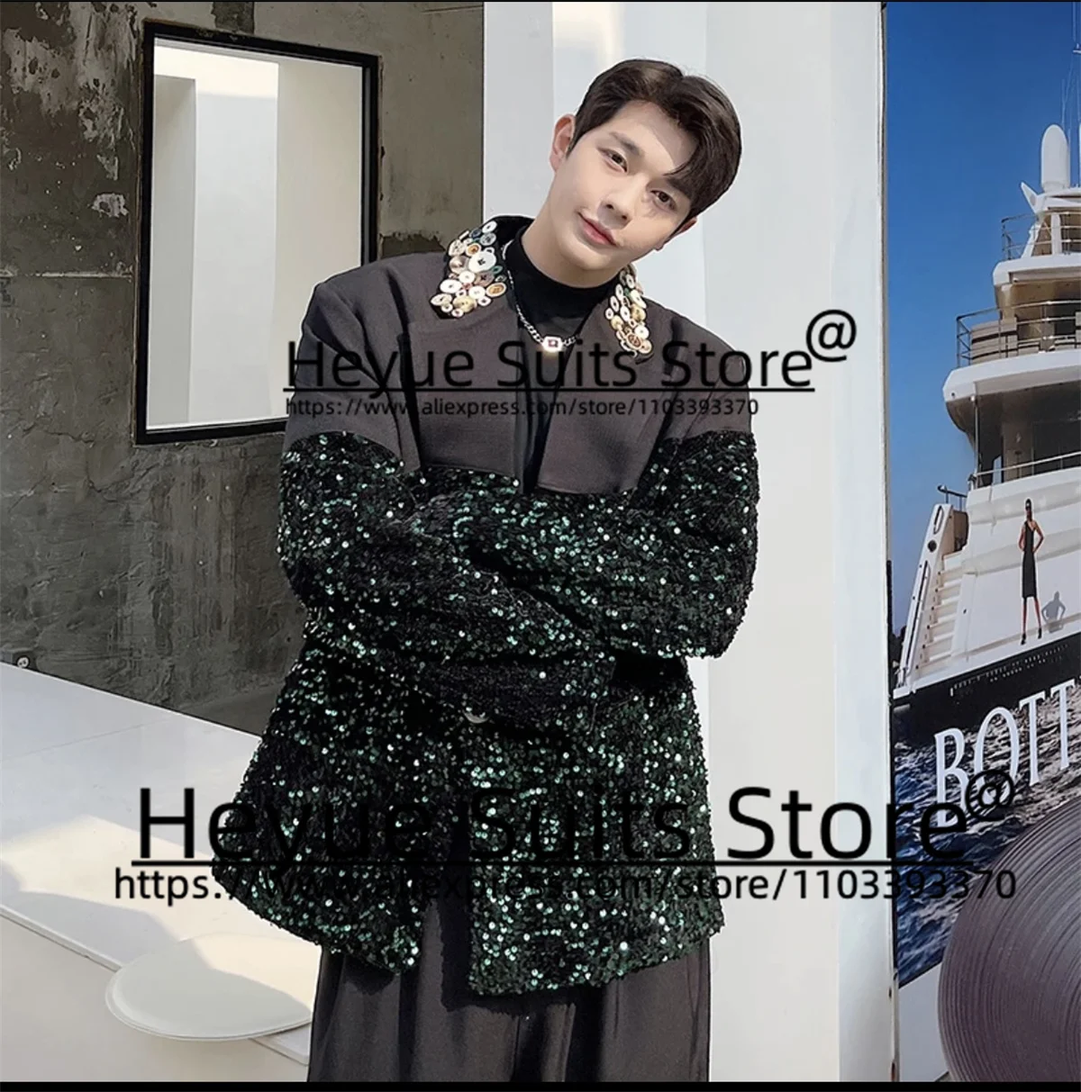 Luxuly High-end Sequins Prom 2 Pieces Sets Latest Design Splicing Fashion Men Suits Groom Party Tuxedos traje de hombre elegante