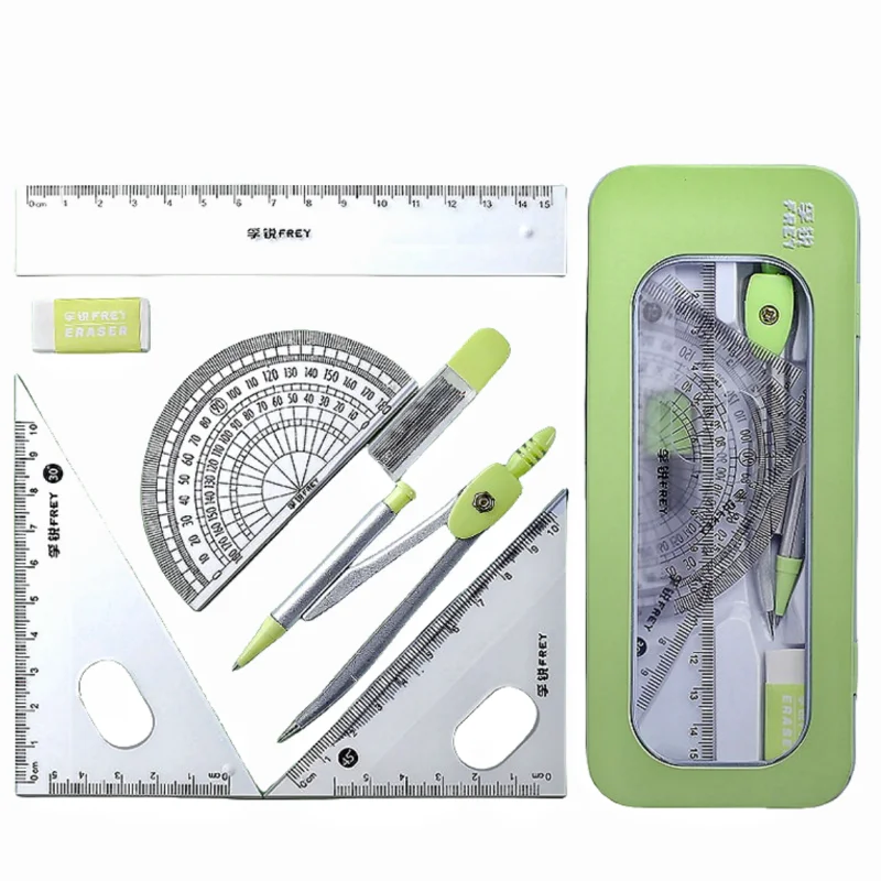 Fu Rui iron box for students exam stationery drawing set compass ruler triangle ruler student drawing 7 pieces