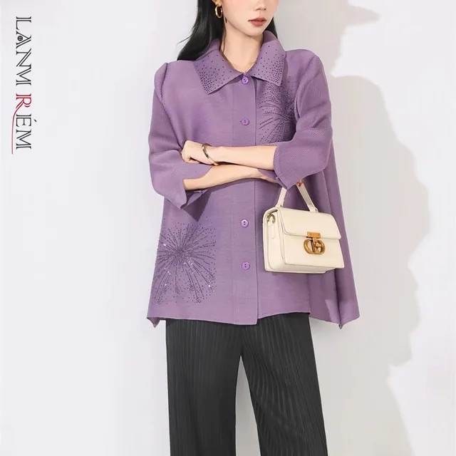 LANMREM Purple Heat-melting Rhinestone Design Women's Pleated Shirt Loose Top chic New Lapel Three-Quarter Sleeve Blouse 2DB4505