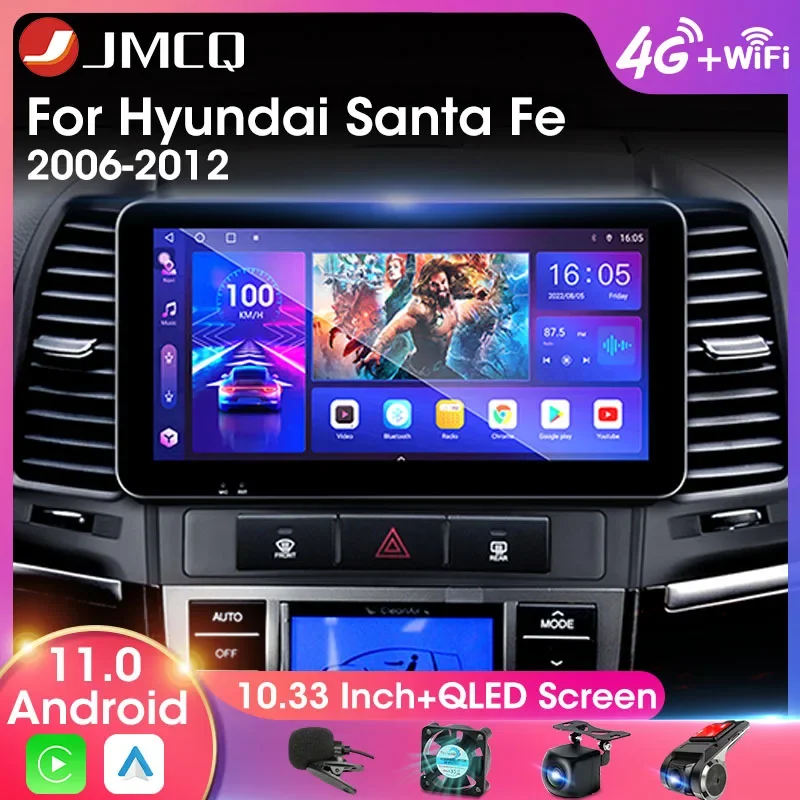 

JMCQ 2Din 10.33" Widescreen Car Radio Multimedia Video Player For Hyundai Santa Fe 2 2006-2012 QLED Screen Carplay Android Auto
