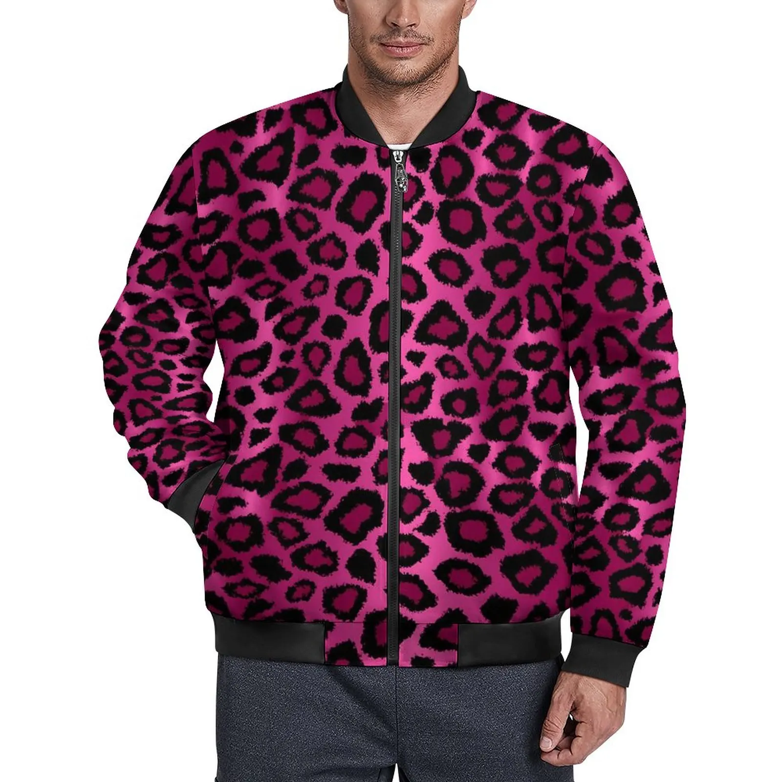 

Pink Leopard Jackets Animal Print Windproof Autumn Coats Mens Aesthetic Casual Jacket Pattern Outerwear Oversized Windbreak Gift