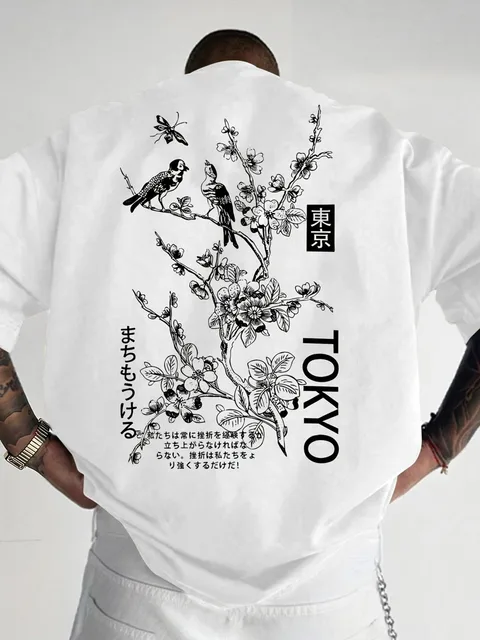 Men's casual flower and bird print breathable polyester round neck topsummer outdoor fashiondaily wear T-shirt 4