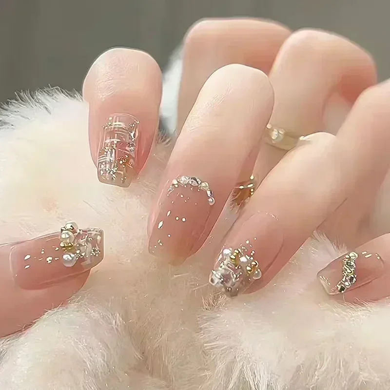 24 Stück French Ballerina Kunstnägel – Lange Sargform, Mit Strass, Inkl. Klebeband & Feile